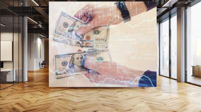 Multi exposure of financial graph drawing hologram and USA dollars bills and man hands. Analysis concept. Wall mural