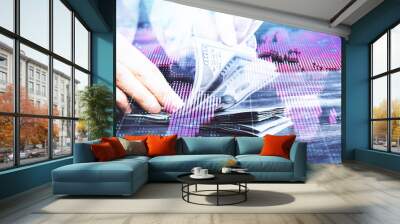 Multi exposure of financial theme drawing hologram and USA dollars bills and man hands. Business concept. Wall mural