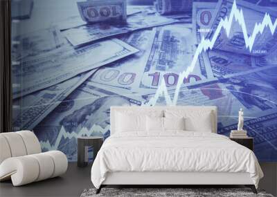 Multi exposure of forex chart drawing over us dollars bill background. Concept of financial success markets. Wall mural