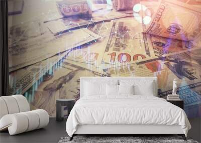 Multi exposure of forex chart drawing over us dollars bill background. Concept of financial success markets. Wall mural