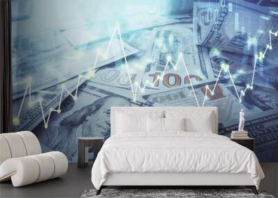 Multi exposure of forex chart drawing over us dollars bill background. Concept of financial success markets. Wall mural