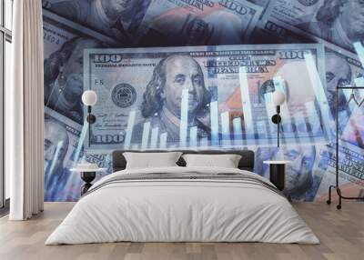 Multi exposure of forex chart drawing over us dollars bill background. Concept of financial success markets. Wall mural