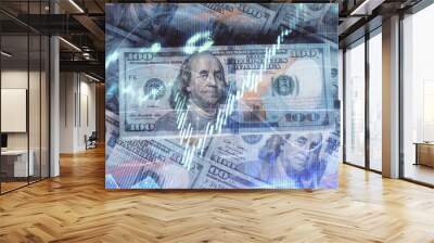 Multi exposure of forex chart drawing over us dollars bill background. Concept of financial success markets. Wall mural