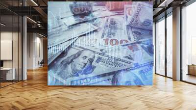 Multi exposure of forex chart drawing over us dollars bill background. Concept of financial success markets. Wall mural