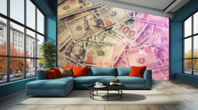 Multi exposure of forex chart drawing over us dollars bill background. Concept of financial success markets. Wall mural