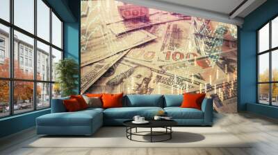 Multi exposure of forex chart drawing over us dollars bill background. Concept of financial success markets. Wall mural