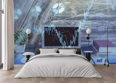 Multi exposure of forex graph and work space with computer. Concept of international online trading. Wall mural