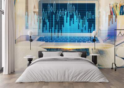 Multi exposure of forex graph and work space with computer. Concept of international online trading. Wall mural