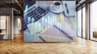 Multi exposure of forex graph drawing and desktop with coffee and items on table background. Concept of financial market trading Wall mural