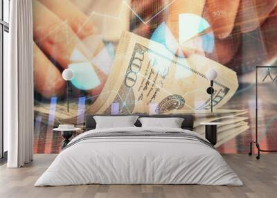 Multi exposure of forex graph drawing hologram and USA dollars bills and man hands. Technical Analysis concept. Wall mural