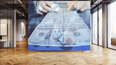 Multi exposure of forex graph drawing hologram and USA dollars bills and man hands. Technical Analysis concept. Wall mural