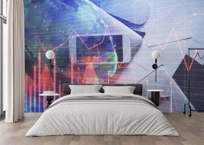 Multi exposure of forex graph hologram over desktop with phone. Top view. Mobile trade platform concept. Wall mural