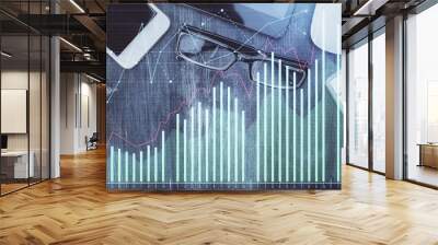 Multi exposure of forex graph hologram over desktop with phone. Top view. Mobile trade platform concept. Wall mural