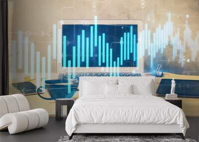 Multi exposure of graph and financial info and work space with computer background. Concept of international online trading. Wall mural