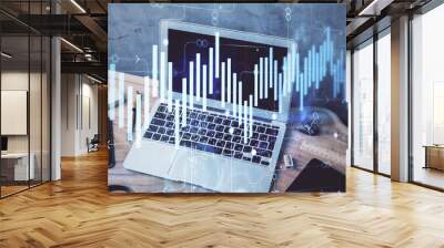 Multi exposure of graph and financial info and work space with computer background. Concept of international online trading. Wall mural