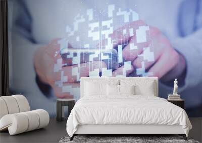 Multi exposure of man's hand holding and using a digital device and data theme drawing. Innovation concept. Wall mural