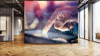 Multi exposure of man's hands holding and using a phone and financial chart drawing. Market analysis concept. Wall mural