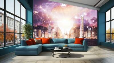 Multi exposure of social network theme drawing and cityscape background. Concept of people connecton. Wall mural