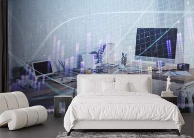 Multi exposure of stock market chart drawing and office interior background. Concept of financial analysis. Wall mural