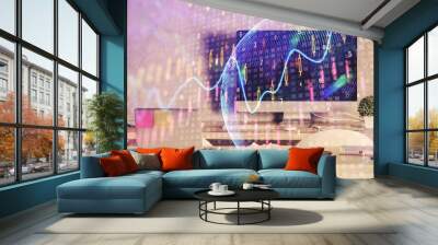 Multi exposure of stock market chart drawing and office interior background. Concept of financial analysis. Wall mural