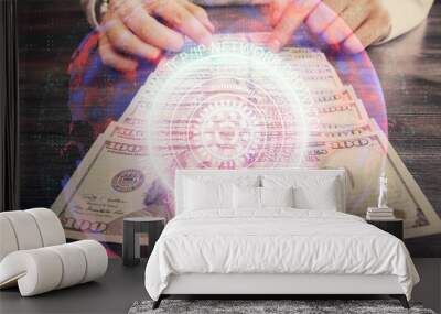 Multi exposure of Tech drawing hologram and USA dollars bills and man hands. Technology concept. Wall mural