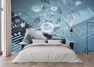 Multi exposure of Tech drawing hologram and USA dollars bills and man hands. Technology concept. Wall mural