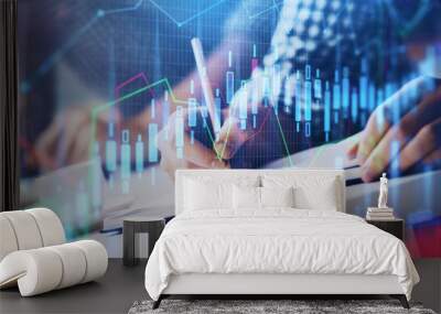 Multi exposure of two men planing investment with stock market forex chart. Wall mural