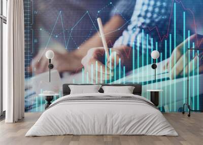 Multi exposure of two men planing investment with stock market forex chart. Wall mural