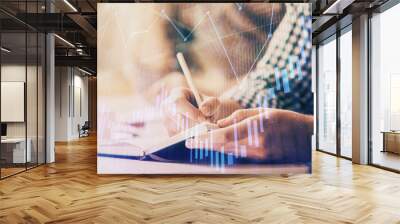 Multi exposure of two men planing investment with stock market forex chart. Wall mural