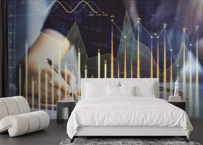 Multi exposure of woman's hands making notes with forex graph hologram. Concept of technical analysis. Wall mural