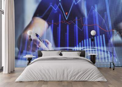 Multi exposure of woman's hands making notes with forex graph hologram. Concept of technical analysis. Wall mural