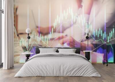 Multi exposure of woman hands typing on computer and financial chart hologram drawing. Stock market analysis concept. Wall mural