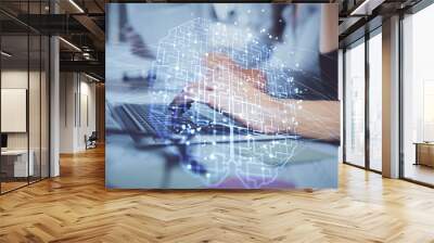 Multi exposure of woman hands working on computer and brain hologram drawing. Ai concept. Wall mural