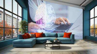 Multi exposure of woman hands working on computer and human brain hologram drawing. Ai tech concept. Wall mural