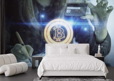 Multi exposure of woman on-line shopping holding a credit card and crypto theme drawing. Blockchain E-commerce concept. Wall mural