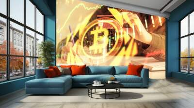 Multi exposure of woman on-line shopping holding a credit card and crypto theme drawing. Blockchain E-commerce concept. Wall mural