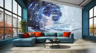 Multi exposure of woman on-line shopping holding a credit card and social network theme drawing. Relationship E-commerce concept. Wall mural