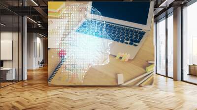 Multi exposure of work table with computer and brain hologram. Brainstorm concept. Wall mural