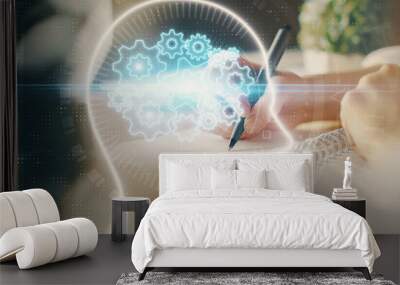 Multi exposure of writing hand on background with brain hologram. Concept of self learning. Wall mural