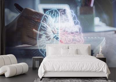 Multi exposure of writing hand on background with brain hologram. Concept of self learning. Wall mural