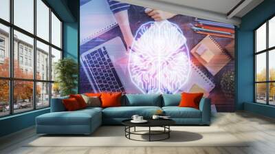 Multi exposure of writing hand on background with brain hologram. Concept of self learning. Wall mural