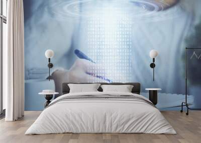 Multi exposure of writing hands on background with data solution hologram. Technology concept. Wall mural