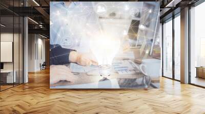 Social network theme hologram with businessman working on computer on background. Multi exposure. Wall mural