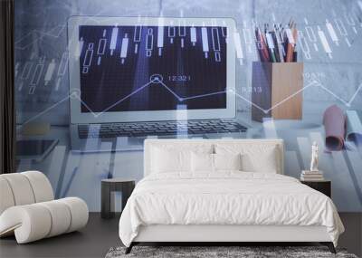 Stock market chart hologram drawn on personal computer background. Multi exposure. Concept of investment. Wall mural