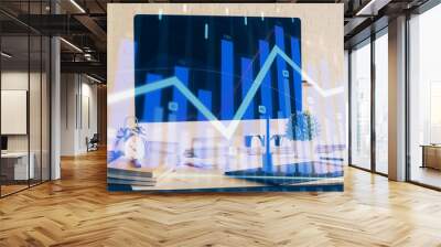 Stock market graph and table with computer background. Double exposure. Concept of financial analysis. Wall mural