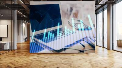 Stock market graph and table with computer background. Double exposure. Concept of financial analysis. Wall mural