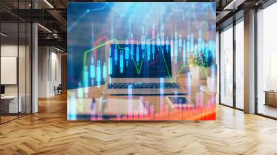 Stock market graph and table with computer background. Double exposure. Concept of financial analysis. Wall mural