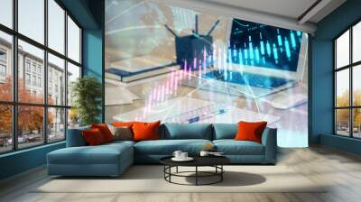 Stock market graph and table with computer background. Double exposure. Concept of financial analysis. Wall mural