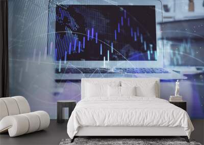 Stock market graph and table with computer background. Multi exposure. Concept of financial analysis. Wall mural