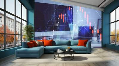 Stock market graph on background with desk and personal computer. Double exposure. Concept of financial analysis. Wall mural